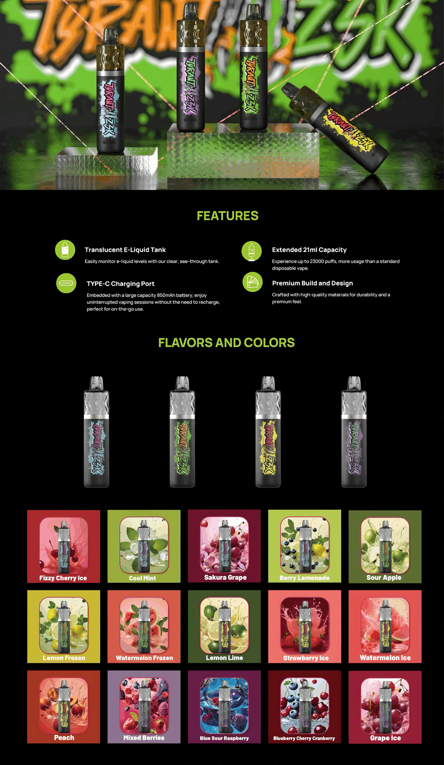 XCOR Tyrant 23000 puffs vape, e-papieros jednorazowy Grape Ice, Watermelon Ice, vape z ekranem LED - Xcor Tyrant 23000 Puffs Jednorazowy Vape