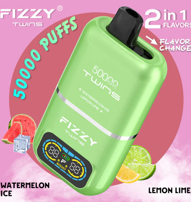Fizzy Twins e-papieros Smart LED Screen, jednorazowy vape z wyświetlaczem, ekonomiczny e-papieros 50ml płynu, wskaźnik baterii vape - Fizzy Twins 50000 50k Puffs 2% 5% Nikotynowy podwójny smak ...