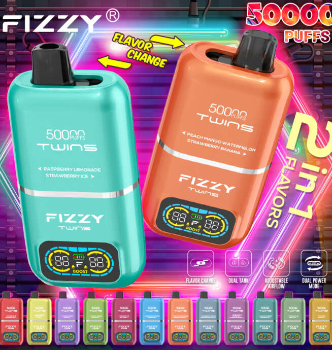 Fizzy Twins 50000 zmiana smaku, e-papieros podwójny zbiornik, vape duża pojemność 50ml, Fizzy Twins Red Bull Strawberry Kiwi - Fizzy Twins 50000 50k Puffs 2% 5% Nikotynowy podwójny smak ...