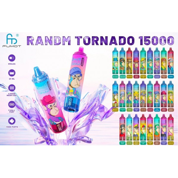 RANDMTORNADO 15000 puffs duża pojemność liquidu 25ml e-papieros długożywotny - Jednorazówka RandM Tornado 15000 15k Puffs 25ml 5% 850mAh USB-C 59zł