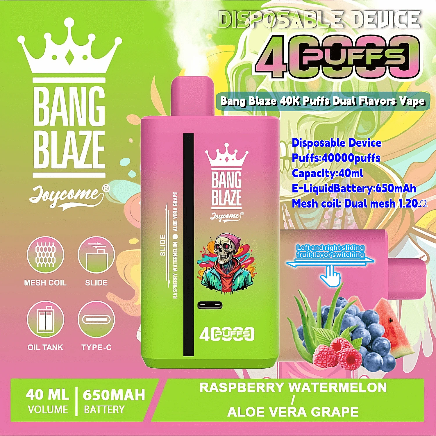 Bang Blaze Dual Smak, e-papieros z dwoma smakami, suwak zmiany smaku vape, innowacyjny system smaków e-papieros - Bang Blaze 40000 40 tys. zaciągnięć, podwójny smak, jednorazowy, 0 ...