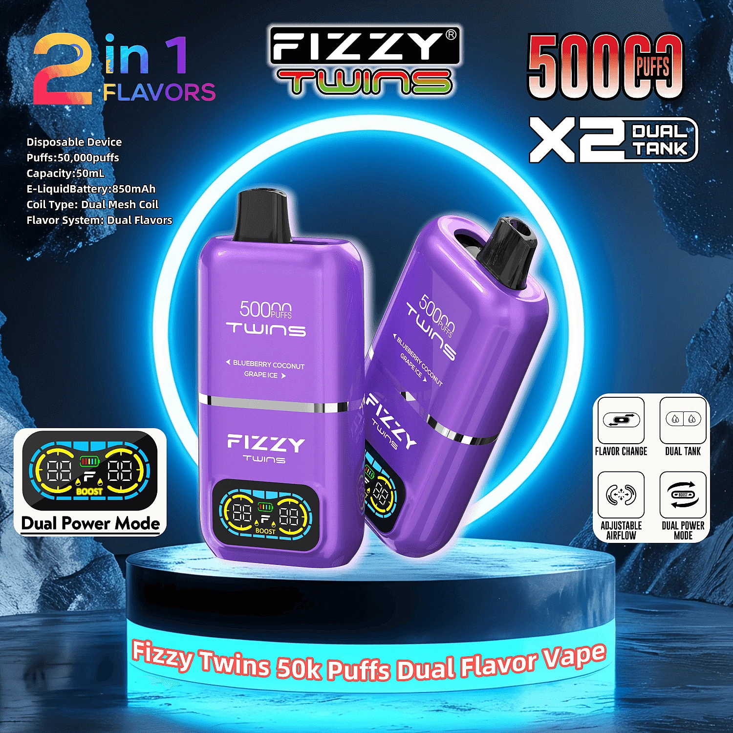 Technologia Dual Mesh Coil, inteligentny ekran LED vape, Fizzy Twins grzałka siatkowa - Fizzy Twins 50000 50 tys. zaciągnięć, podwójne smaki, jednorazowy ...