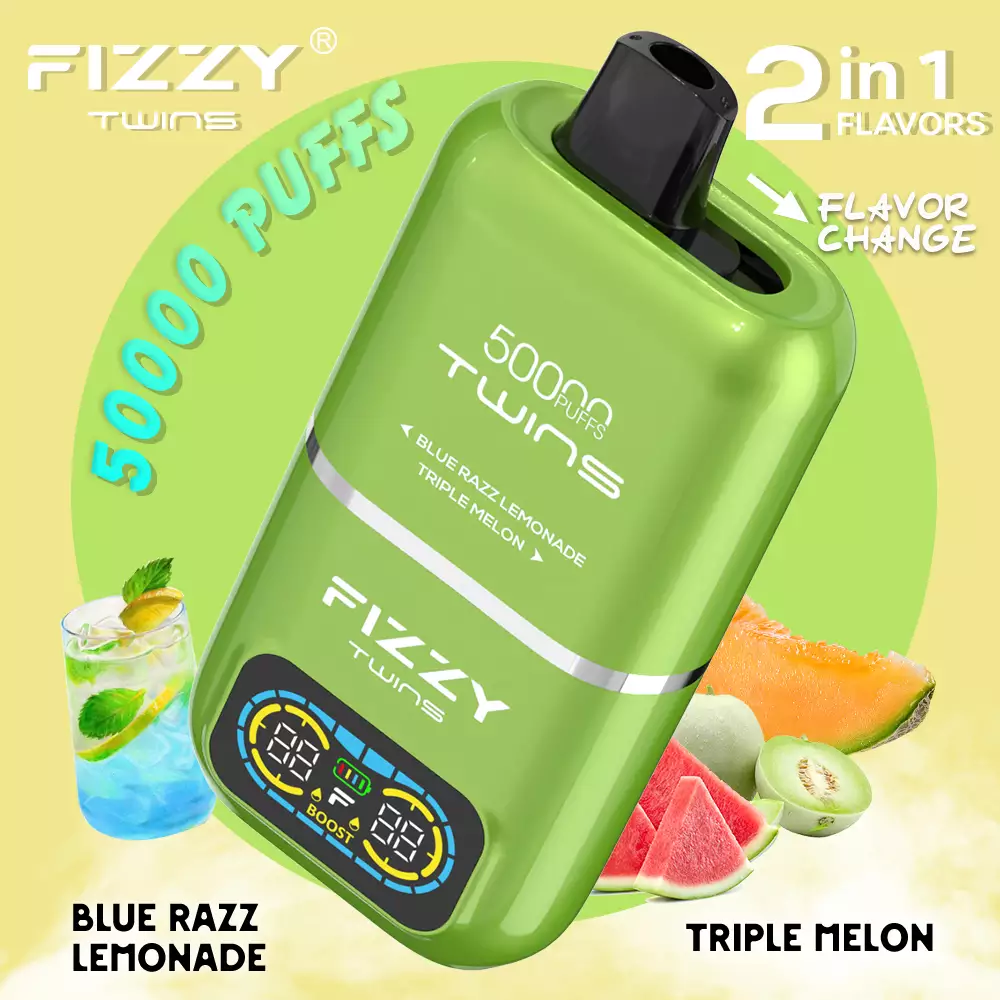 Fizzy Twins 50000 dual smak vape, e-papieros dwa smaki przełącznik, technologia dwóch smaków e-liquid - Fizzy Twins 50000 Puffs Double Taste Dual Tank 50K Disposable jednorazówka 50000 puffów