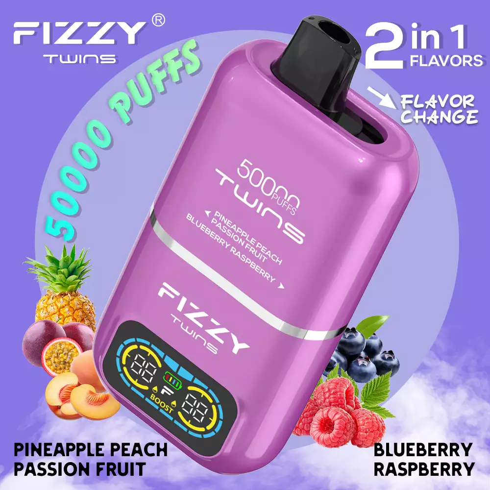 Fizzy Twins 50000 vape, Hifancy vape, nowoczesne e-papierosy LED, vape dual mesh, innowacyjne jednorazówki - Fizzy Twins 50000 Puffs Double Taste Dual Tank 50K Disposable ...