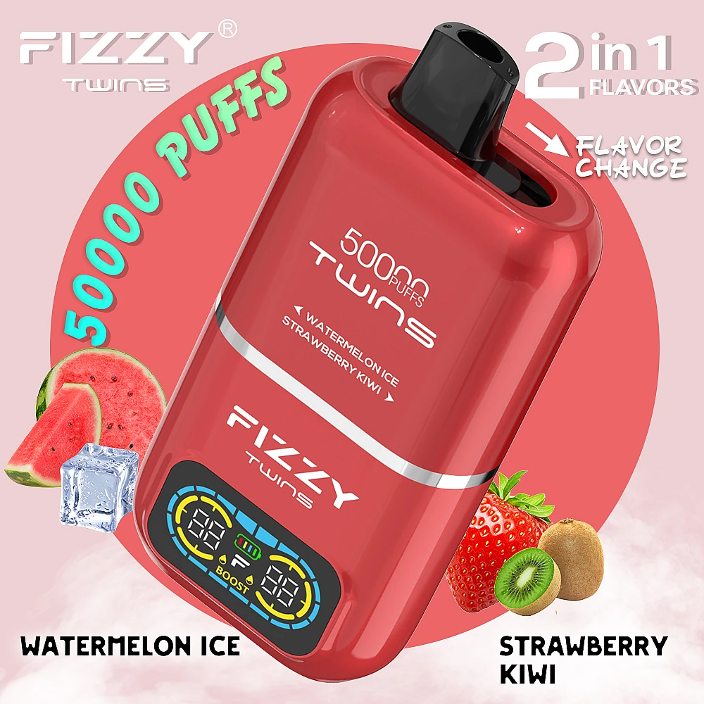 e-papieros z dwoma smakami, Fizzy Twins dual flavor vape, przełącznik smaków e-papieros, technologia Dual Mesh Coil, smaki Watermelon Ice Strawberry Kiwi vape - Fizzy Twins 50000 Puffs Dual Flavor Disposable Vape – Redefining ...