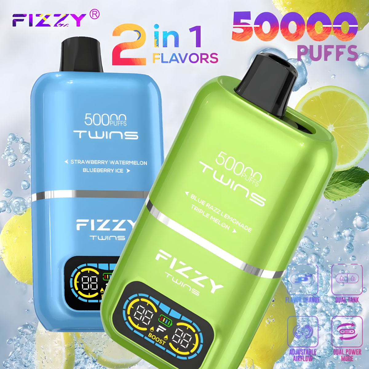 smaki e-papierosów, Blueberry Raspberry vape, Fizzy Cherry vape, Peach Mango vape, owocowe liquidy - Fizzy Twins 50k - Dwusmakowy Vape 2w1 | InPost i Pobranie