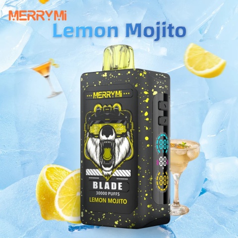 ekran Smart LED vape funkcje, monitoring baterii e-papierosa, wskaźnik poziomu płynu vape, interfejs użytkownika vape - Merrymi Blade Vape 30000 Puffs