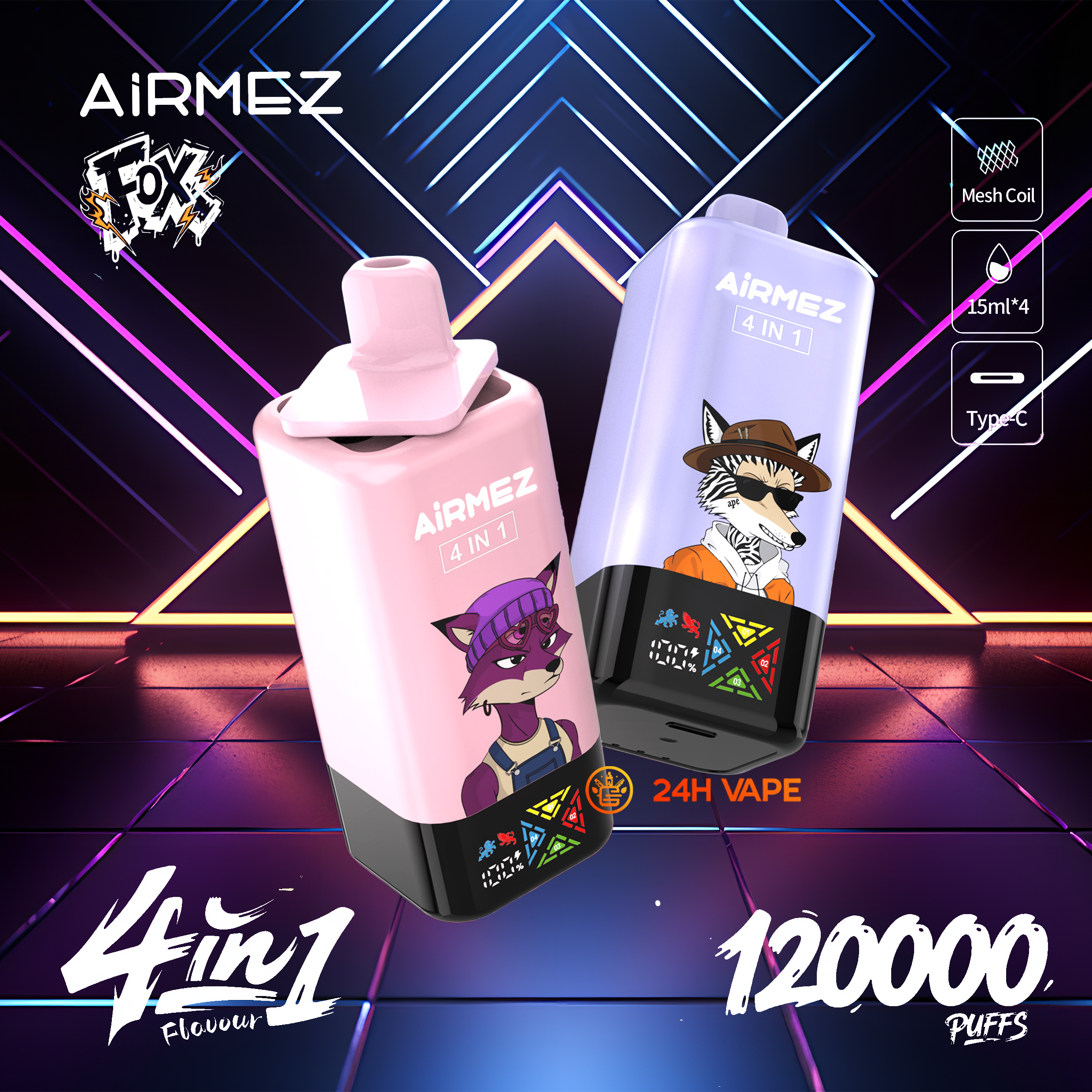 Airmez Fox ekran LED, smart display vape, wskaźnik baterii e-papierosa, poziomy e-liquidu na ekranie, 850 mAh jednorazówka - Airmez Fox 120K Puffs 4 w 1 Smaki Najnowszy oryginalny ...