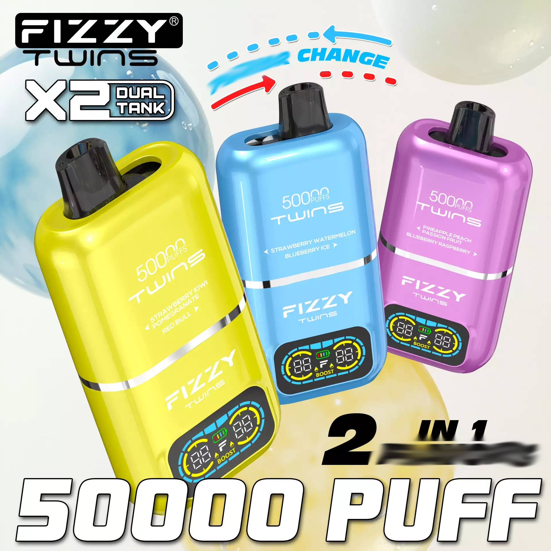 system dual tank vape, e-papieros dwa zbiorniki, przekrój vape dual tank, innowacyjny e-papieros komory, świeży smak vape - Fizzy Twins 50000 Puffs Double Taste Dual Tank 50K ...
