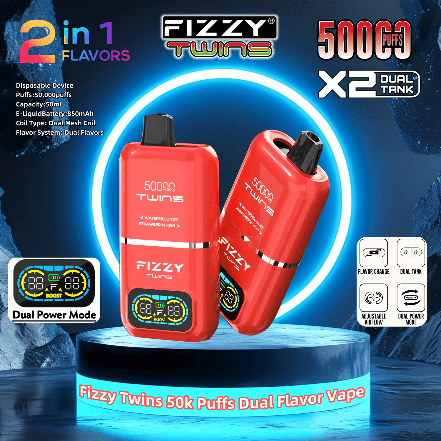 Fizzy Twins ekran wyświetlacz, vape monitorowanie płynu, e-papieros poziom baterii płynu, interfejs użytkownika vape dane - Fizzy Twins 50000 50 tys. zaciągnięć, podwójne smaki ...