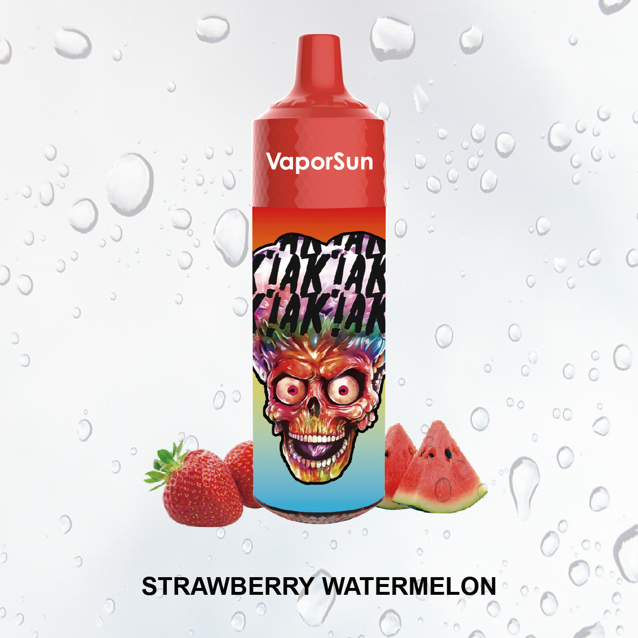 Dynamiczne ujęcie jednorazowego e-papierosa generującego gęstą, białą chmurę, z kolorowymi grafikami owoców takich jak arbuz, truskawka, mango, marakuja i kiwi delikatnie przenikającymi się w tle, podkreślające intensywność smaku.