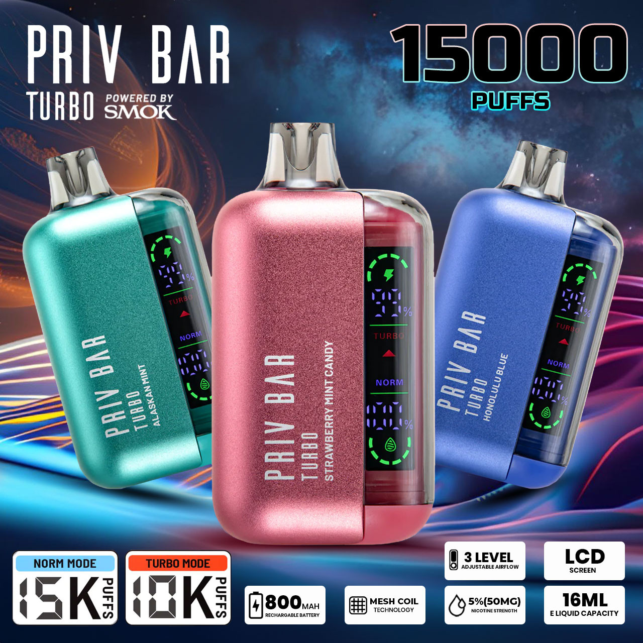 Zbliżenie na wyświetlacz e-papierosa SMOK Priv Bar Turbo 15000 pokazujący podstawowe, skokowe ikony baterii i płynu.