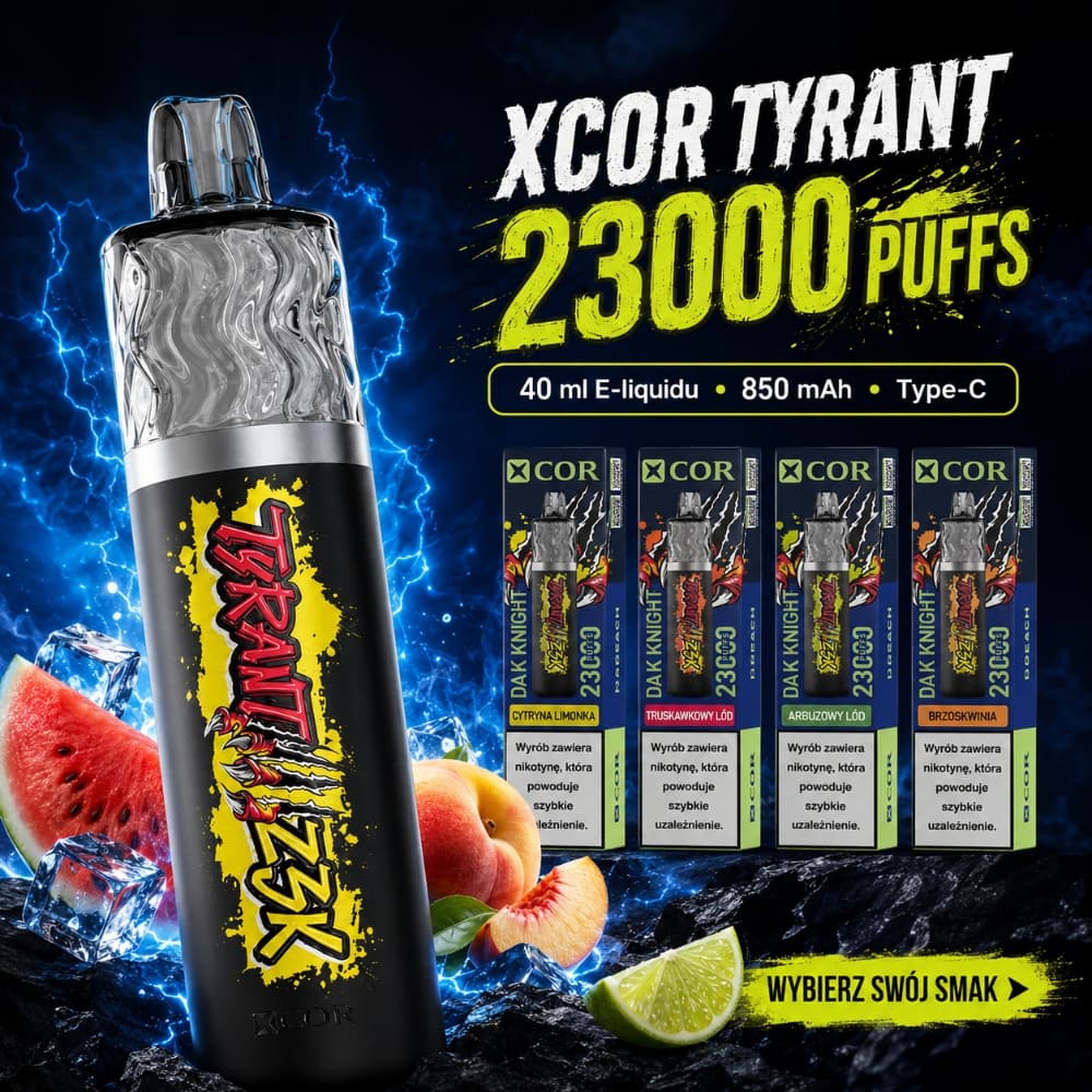 XCOR Tyrant 23000 – duże puffs i LED dla intensywnego oddechu | vapepolska | dojrzała brzoskwinia i soczysty melon