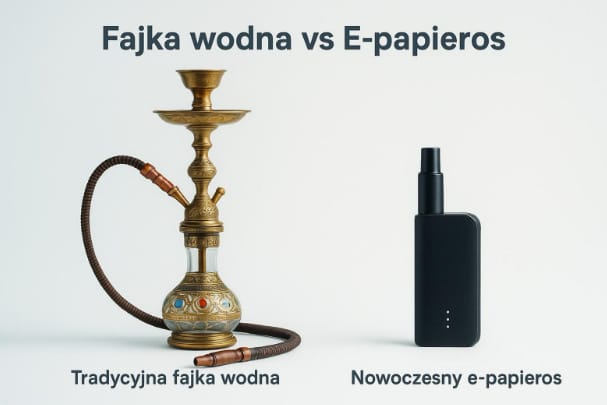 Obraz ukazujący kontrast między nowoczesną elektroniczną sziszą (np. jednorazowy e-papieros) a tradycyjną fajką wodną lub starszymi urządzeniami do wapowania, symbolizujący ewolucję konsumpcji nikotyny.